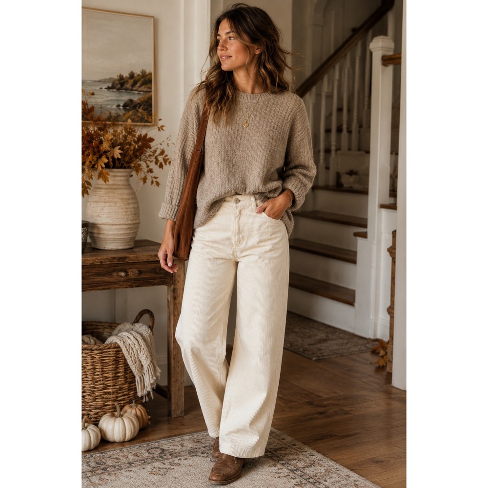 Lands End Womens Ivory Corduroy Barrel Leg High Rise Pants Size 4 Cream 5-Pocket